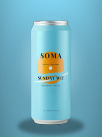 SOMA Belgian Wit can on a powder-blue studio backdrop